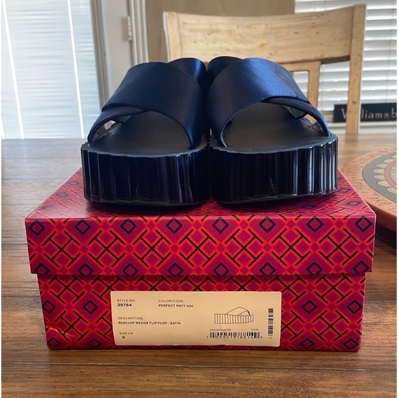 Tory Burch Shoes - Tory Burch Satin Scalloped Wedge Slide Sandals